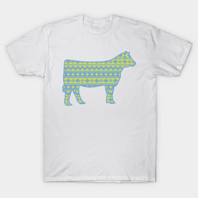 Farm Life Show Heifer with Blue & Green Southwest Pattern T-Shirt by SAMMO